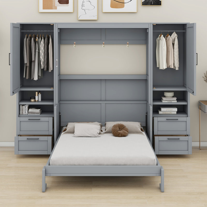 Lit escamotable Murphy avec placard, tiroirs et tablettes, Lit double , gris