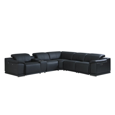 Black Italian Leather Power Reclining U Shaped Six Piece Corner Sectional With Console