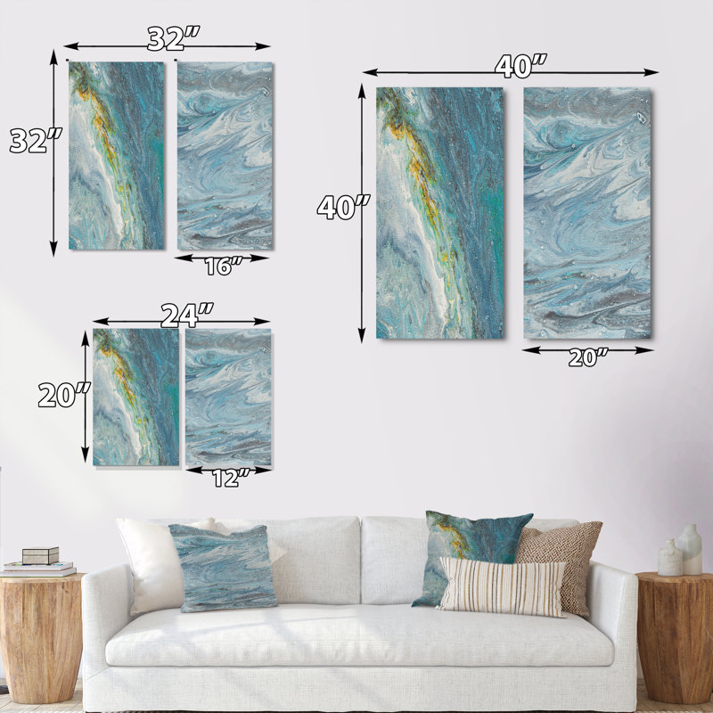«Light Blue and Gold Abstract Landscape», ensemble de 2 peintures sur toiles, Toile tendue, H 20 po x l 24 po x P 1 po