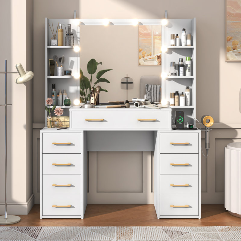 Tempered Glass Top Makeup Vanity Desk With LED Lights And Charging Station, White