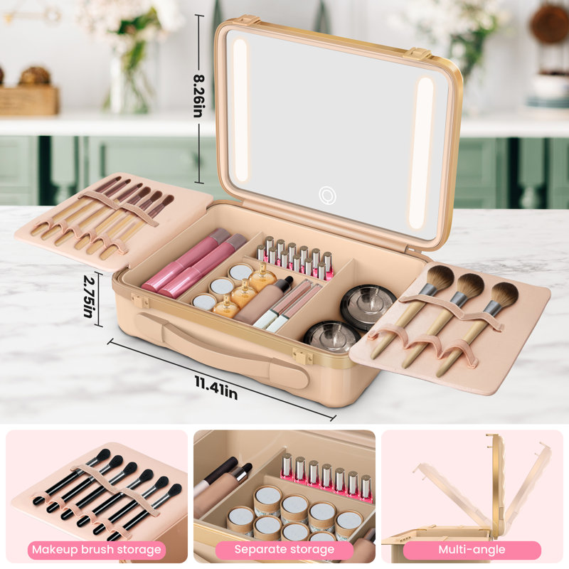 Portable Makeup Organizer Makeup Tool Case With Led Mirror Pink, Pink