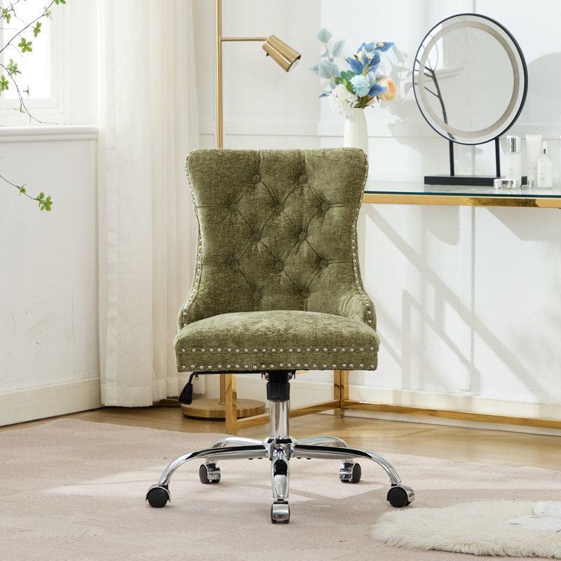 Modern Chenille Upholstered Button Office Chair, Adjustable, Swivel, Metal Base, Wide And Deep Seating, Hand - Pulled Buttons At Back, High Rebound Sponge In Cushion Adjustable Chair With Upholstery,