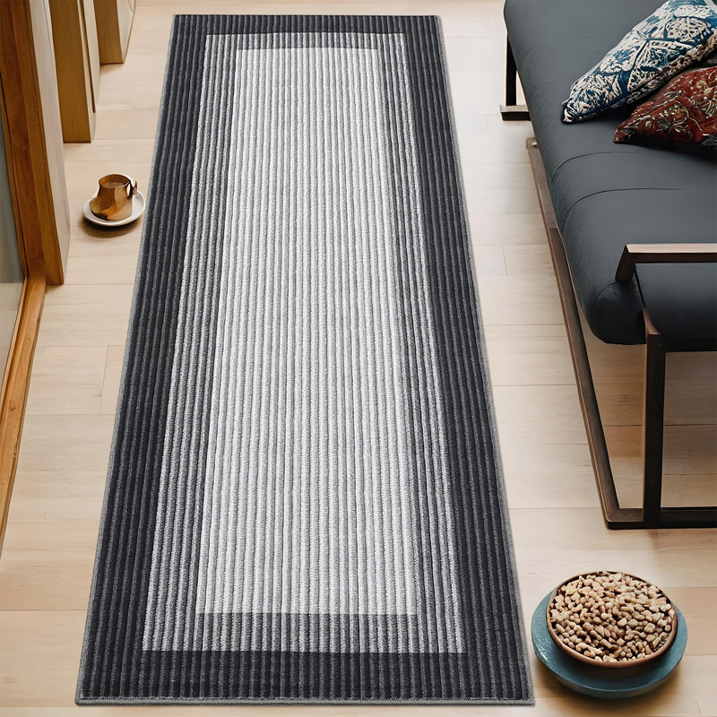 Tapis de couloir moderne et abstrait 2 x 6, tapis de couloir lavable antidérapant, tapis de sol doux antidérapant et antidérapant pour tapis de salle de bain, noir et gris