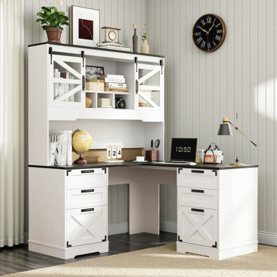Bureau en L Farmhouse avec rehausse, bureau de direction 57 po avec tiroirs, bureau à domicile avec portes coulissantes et classeur, bureau d'angle en bois avec station de charge pour bureau à domicile, bureau, blanc