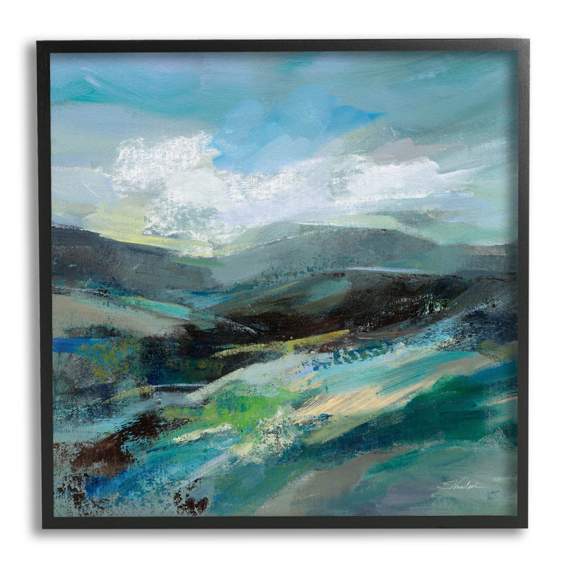 Scène de montagne abstraite en couches, estampe numérique par Silvia Vassileva, Giclée encadrée noir minuit