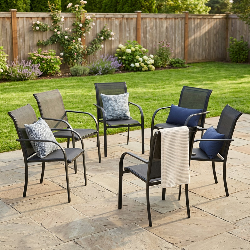 Bustamante Outdoor Round Patio Dining Set with Stackable Textilene Chairs, Gray/Gray