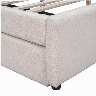 Teddy plush velvet large platform bed with double XL drawers, beige