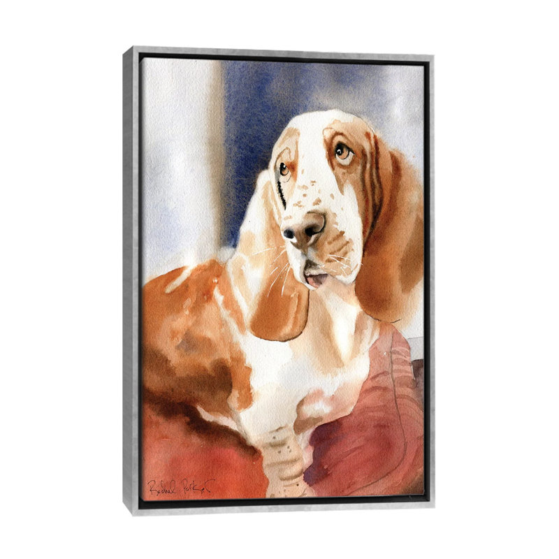 «Basset Portrait» par Rachel Parker - reproduction d'art, H 40 po x l 26 po x P 1,5 po, Toile avec cadre argenté, Aucun mat