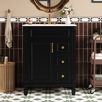 Meuble-lavabo moderne de 24 po avec lavabo en céramique, 2 tiroirs et tablette réglable - espace dans les salles de bain compactes, meuble-lavabo de style français élégant de 24 po idéal pour les petits espaces, système de tiroir