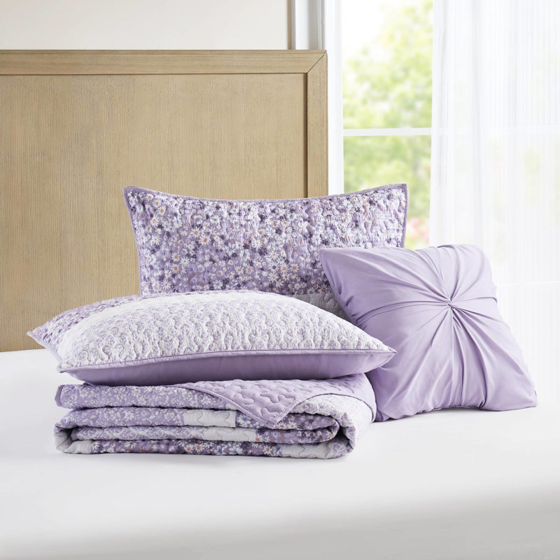 Courtepointe très grande / très grande taille, jeté, courtepointe en microfibre imprimée, trois motifs floraux, coussin froncé, lavable à la machine 4 pièces - style Shabby Chic, 2 taies décoratives, 1 jeté