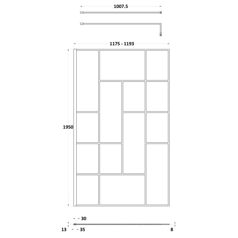 nuie 1200mm Matt Black Abstract Wetroom Screen With Support Bar