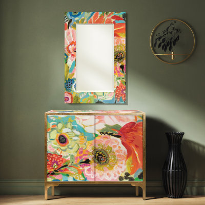 "Secret Garden Floral III" Console and Mirror Set on Reverse Printed Art Glass