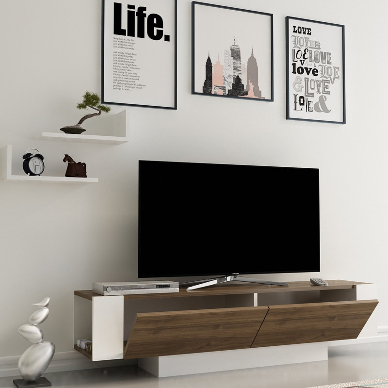 Modern TV Stand with Wall Shelves (2 Pieces), Walnut & White, 59.1 x 16.4 x 12.4 inches | 100% Melamine Coated Particle Board, Thickness: 0.7 inches | Features Multiple Shelves & Wall-Mountable Design for Extra Storage