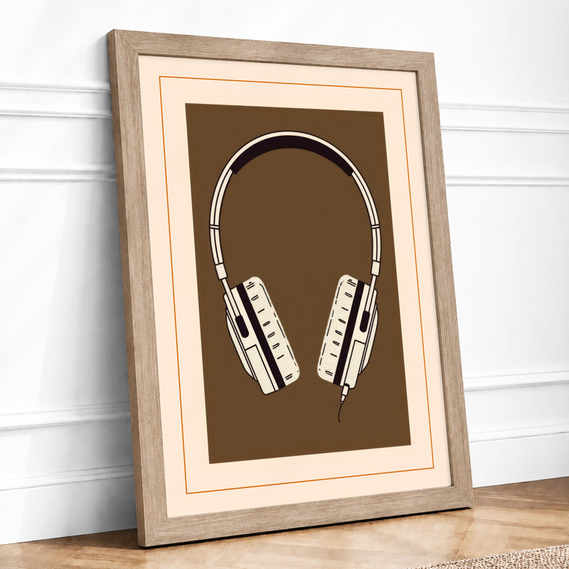 White Headphones on Brown Graphic - Framed Print, Oak, A3 - 42.0 x 29.7 cm
