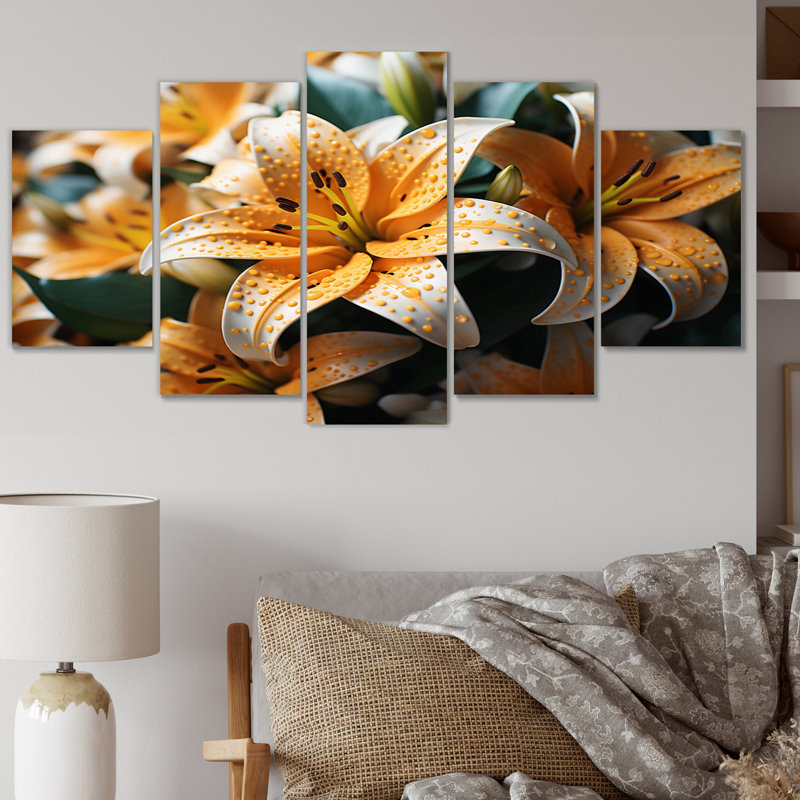 Lys jaunes et blancs éclatants - impression sur toile florale - 5 panneaux