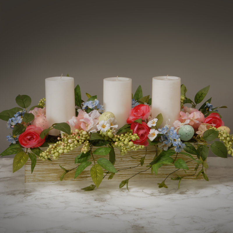 Rustic Woodgrain Hurricane Candle Holder with Spring Florals