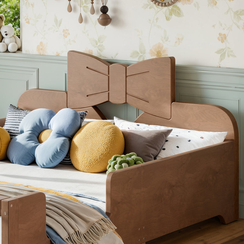 Lit plateforme pour enfant avec garde-corps et tête de lit en forme de nœud papillon Lullabow, Lit double, Naturel