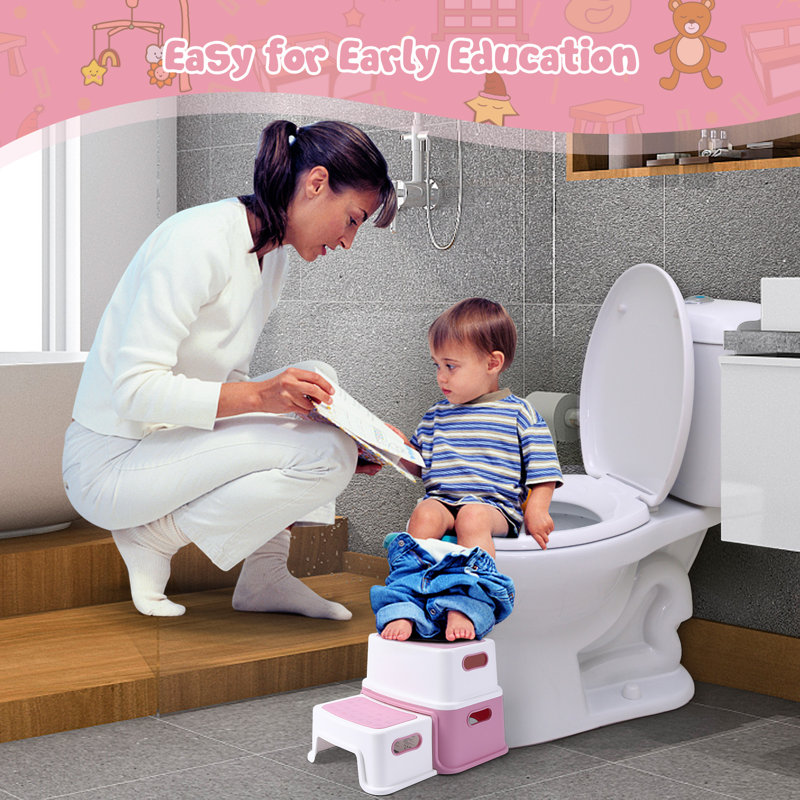 2-Step Kids Step Stool with Handles – Non-Slip BPA-Free PP Double Platform for Bathroom, Kitchen, Toilet Training – Holds 150 kg, Easy-Clean – Pink