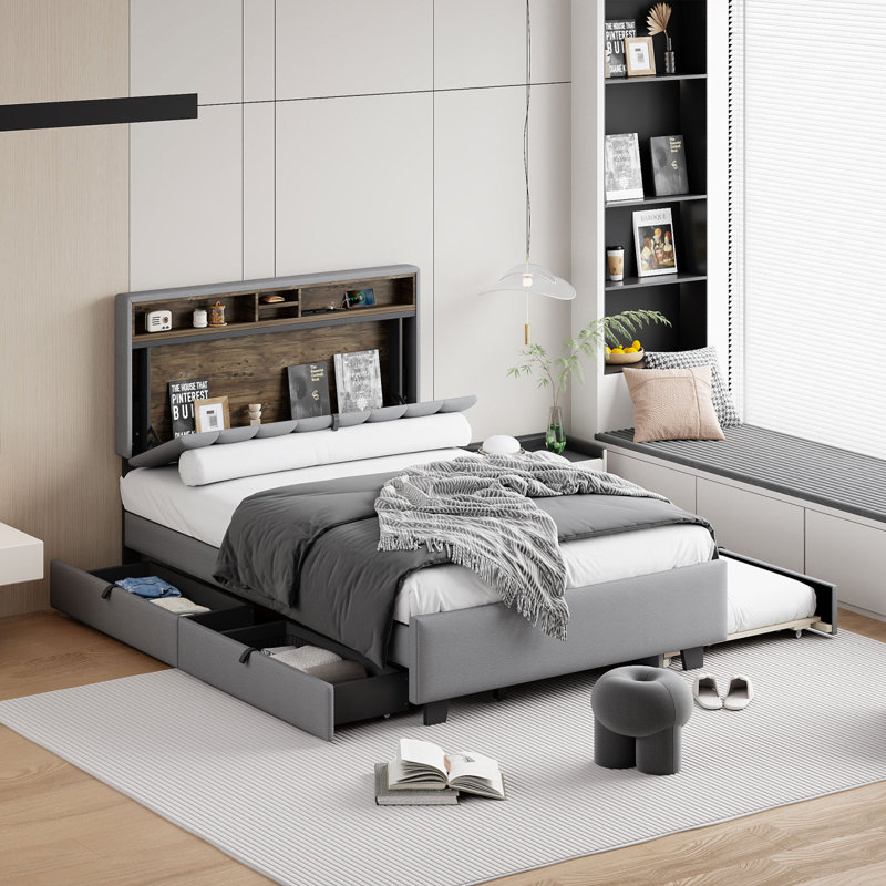 Coster Upholstered Platform Storage Bed with Trundle and  USB Ports, Queen, Grey