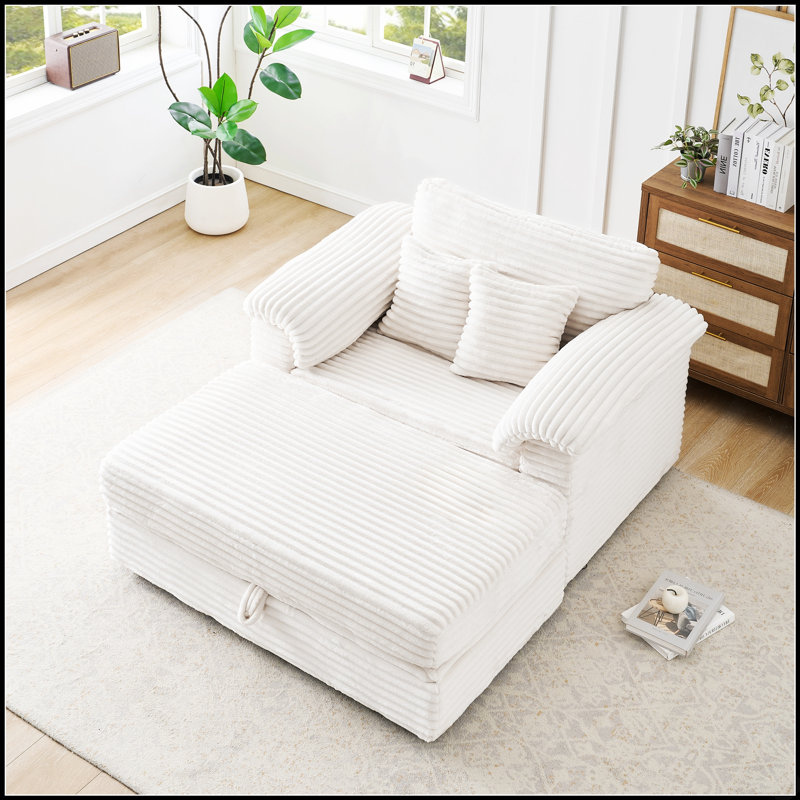 Fauteuil rembourré en velours côtelé avec tabouret de rangement et deux ports de chargement USB pour les petits espaces.