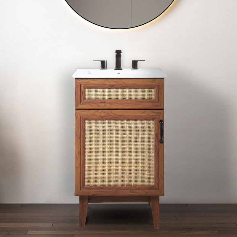 Base de meuble-lavabo autoportant en rotin de style bohémien à 2 tablettes Javer l 20 po x P 18 po x H 33 po seulement (lavabo non inclus), noyer