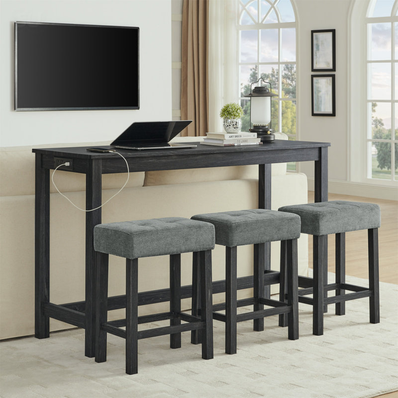 59 Inch Bar Table, Dining Table, Sofa Table With Power Outlet, 3 Upholstered Stools, 4 Piece Bar Table And Chair Set, Black