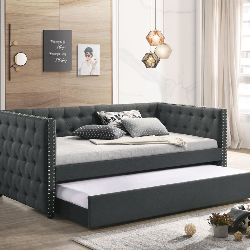 Lit de jour en tissu gris Romona avec lit gigogne, Lit simple