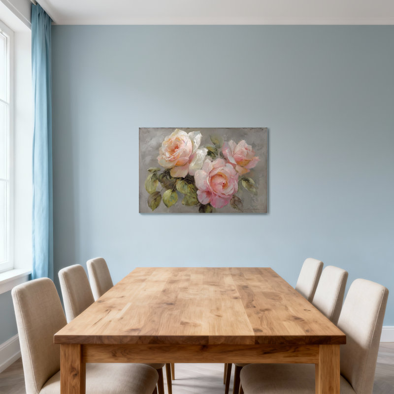 Plantes et fleurs roses avec feuilles vertes sur fond gris, H 12 po x l 18 po