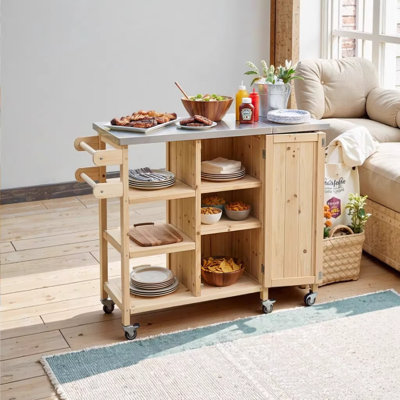 Foldable Outdoor Kitchen Island with Lockable Wheels, Stainless Steel Worktop & Storage Cabinet - Natural Fir Wood, Portable Prep Station for Patio, Garden & Balcony