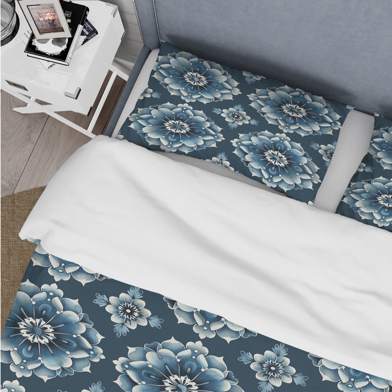 Blue Silver Traditional Floral Tiles III - Ensemble de housse de couette Traditional