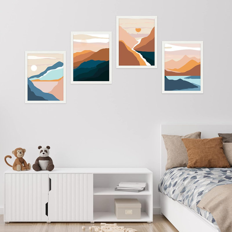 Ensemble encadré de 4 paysages encadrés sur papier orange et bleu, H 14 po x l 11 po x P 1 po, Blanc