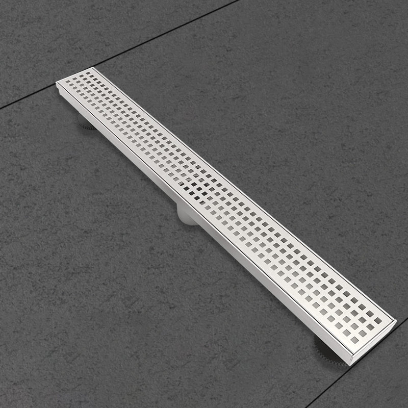 Long drain de douche rectangulaire long avec couvercle de drain carré et attrape-cheveux, acier inoxydable, nickel brossé
