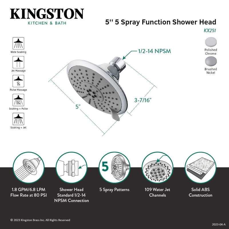 Kingston Brass Shower Scape 5-Inch Round 5-Function ABS Shower Head, Polished Chrome