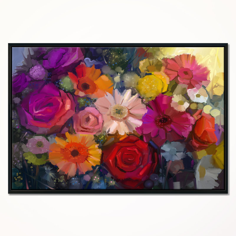 Bouquet de roses, marguerites et gerberas - reproduction sur toile flottante, H 12 po x l 20 po x P 1 po