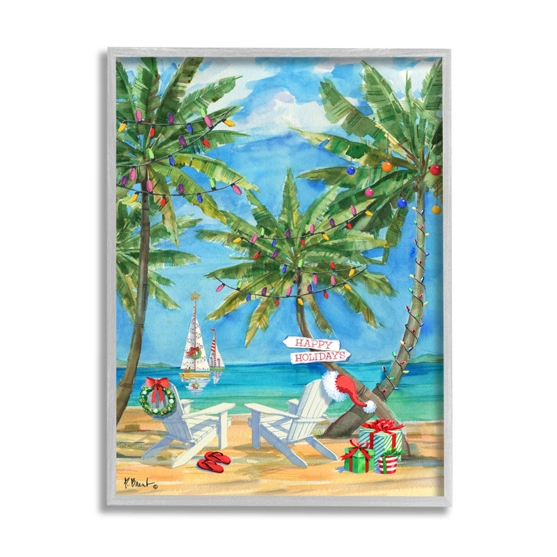 «Holiday Palms Warm Island Winter» par Paul Brent - peinture sur bois, H 30 po x l 24 po x P 1,5 po, Blanc