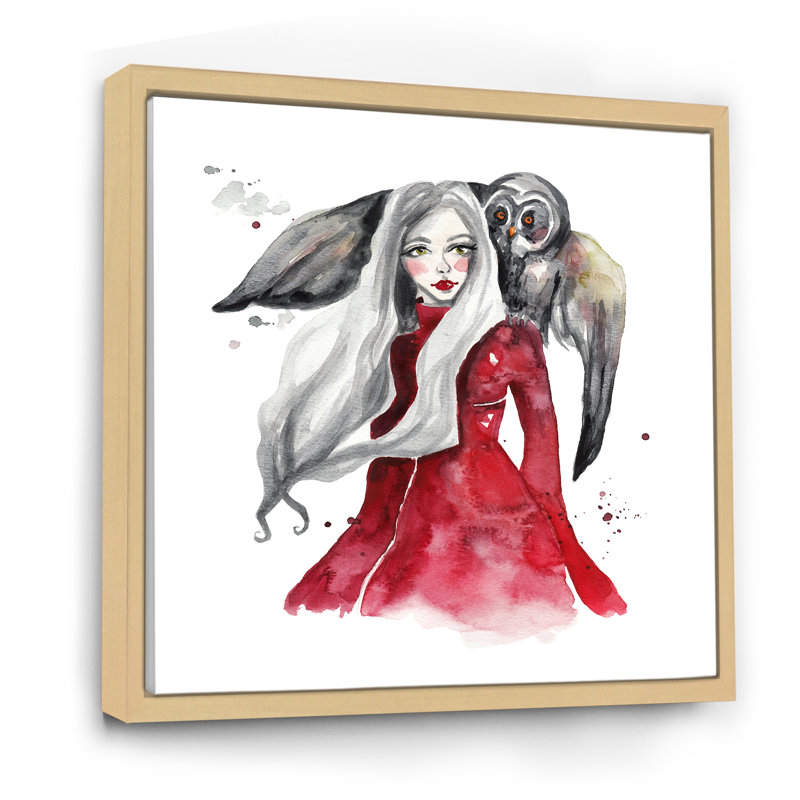 «Grunge Girl with Owl» - décoration murale glam sur toile, L 36 po x H 36 po x P 1,5 po, Cadre flottant veige