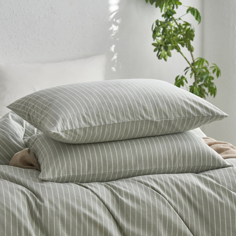 Taies d'oreiller 100% coton lavé MooMee, Standard (20 po x 26 po), Rayures larges vert sauge et blanches