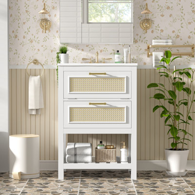 Meuble-lavabo moderne avec lavabo intégré en céramique, meuble-lavabo avec 1 tiroir profond, 1 tiroir basculant, meuble-lavabo simple pour petite et moyenne salle de bain