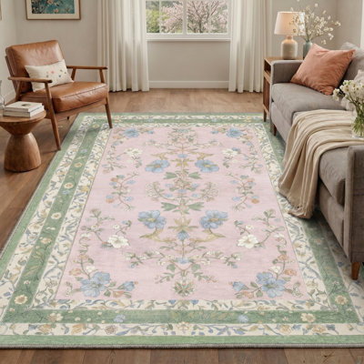 Amboy Verdant Vintage Blush Pink / Green / Beige Indoor Area Rug,Machine Washable,With Non-Slip Backing