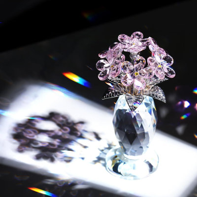 Crystal Forget-Me-Not Flower Bouquet Figurine with Faceted Vase and Metallic Leaves