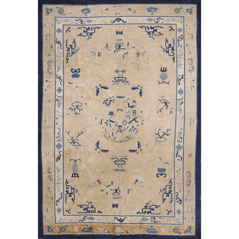 Antique Geometric Medallion Wool Hand Knotted Pile Ivory Beige Cream White 1930s Rug