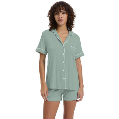 Women's Pajamas Set Bathrobe Bamboo Short Sleeve Sleepwear Button Down Loungewear Soft Cooling Pjs Light Sage Green S