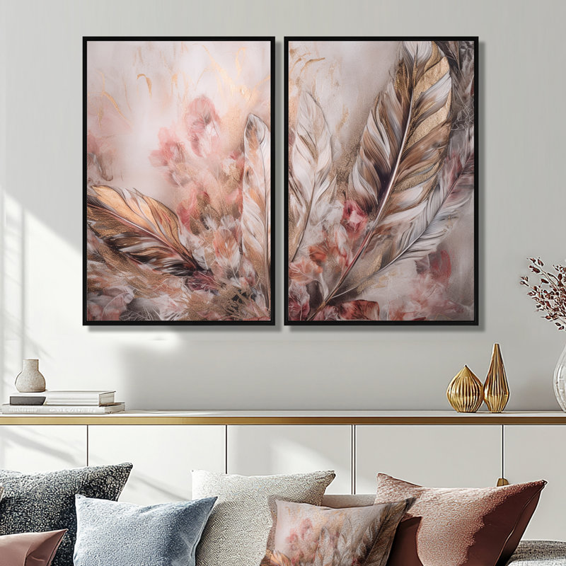 Plumes glamour dorées de Boho Fantasy IV - décoration murale dorée, Black, 36" H x 48" W, Impression encadrée flottante