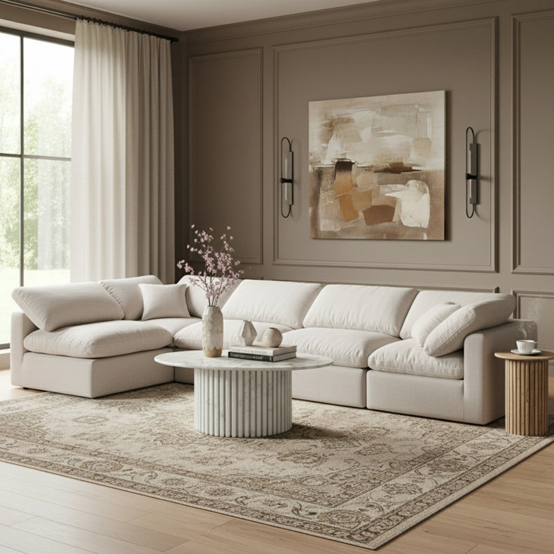 Canapé modulaire en coin 5 pièces Hinami, Tissu crème texturé en lin