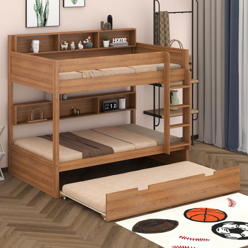 Lit superposé avec rangement et lit gigogne, structure de lit superposé en bois peu encombrante avec tablettes de chevet
