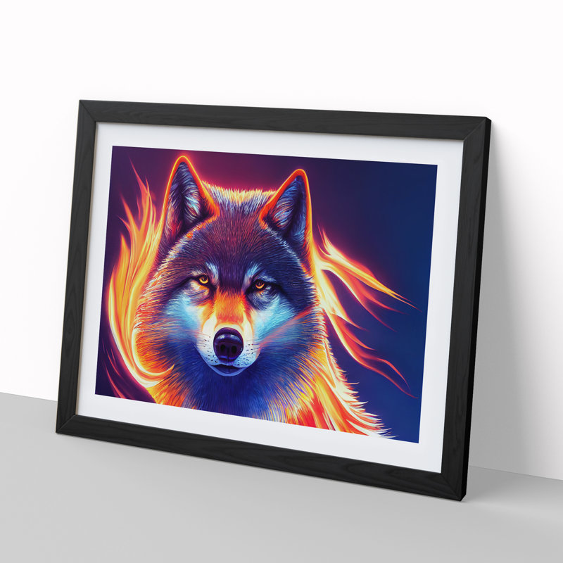 XH1022-10261X Wolf Flames - Single Picture Frame Print, Black , 34cm H x 46cm W