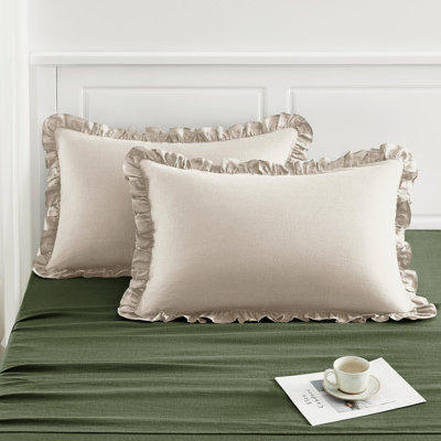 TOSMO 100% Linen Ruffle Pillowcase Euro Size, Linen Pillow Shams Set of 2, Stone-Washed Square Throw Pillow Case Envelope Closure, Soft and Durable Pillow Cases, 26" X 26", Natural Linen