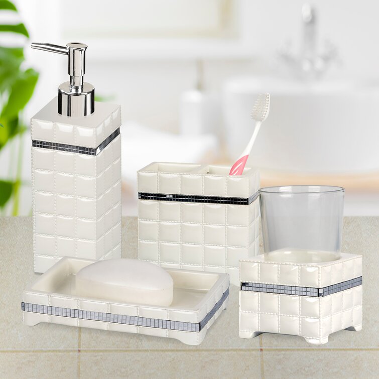 4 Piece Matte Black Resin Bathroom Accessory Set, Includes Soap Dish,  Tumbler, Toothbrush Holder and Pump Dispenser