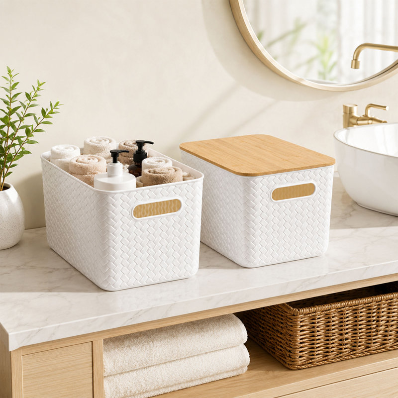 4 Pack Plastic Storage Bins with Bamboo Lids and Handles
