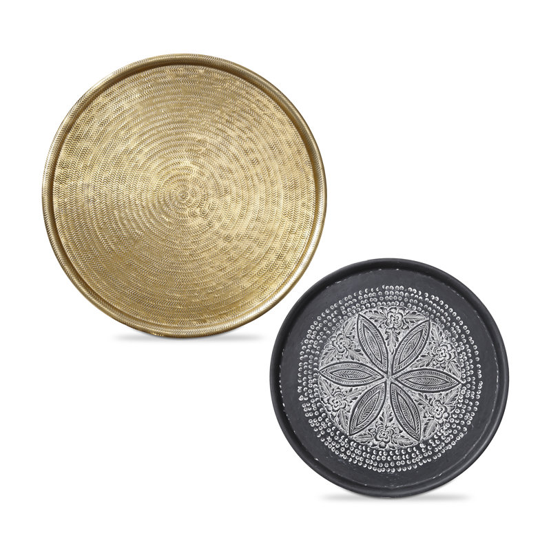 Andhra Embossed Round Decorative Trays and Platters Multicolor Aluminum 24x24 inches for Home Decor